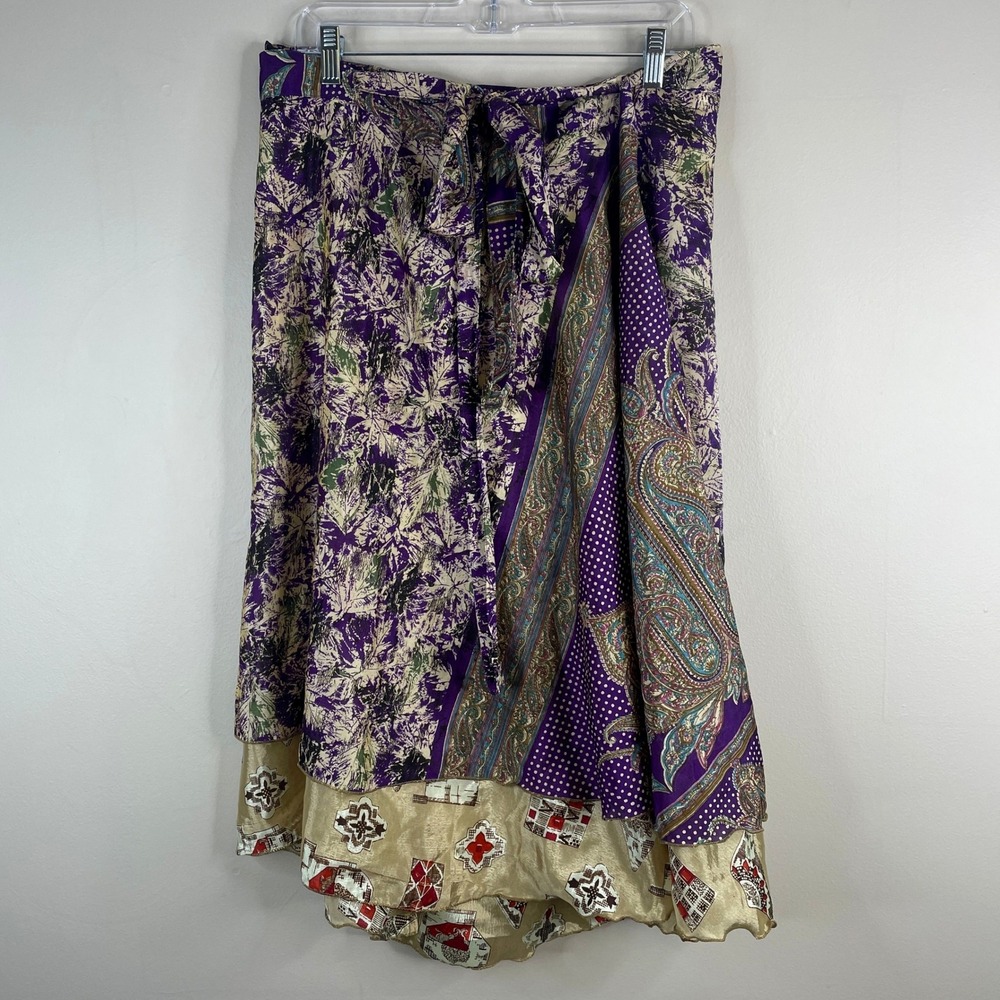 Vintage Bohemian Reversible Skirt Large Satin Wrap Midi Mixed Print Peasant